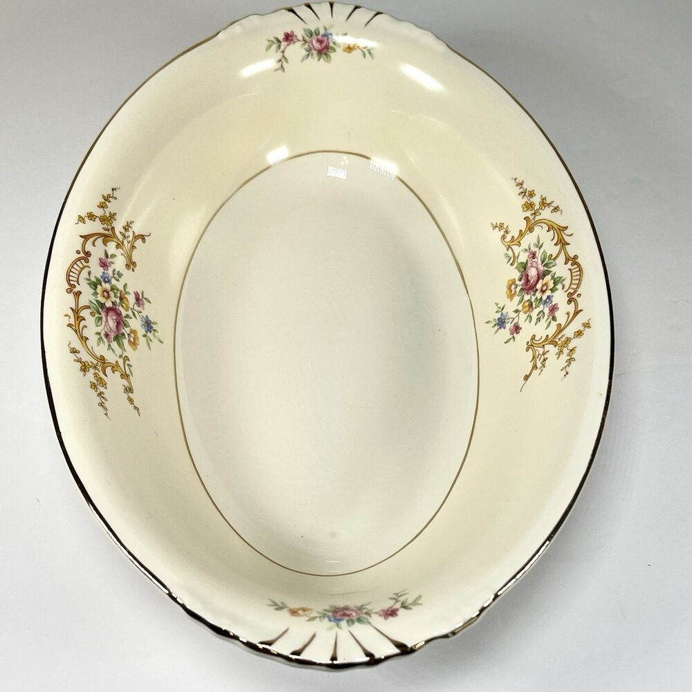 Vintage Homer Laughlin Eggshell Nautilus D41 N8 Serving Bowl Gold Trim Floral